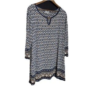 JM Collection Geometric Short Sleeve Crew Neck Gold Blue Multicolor 3X